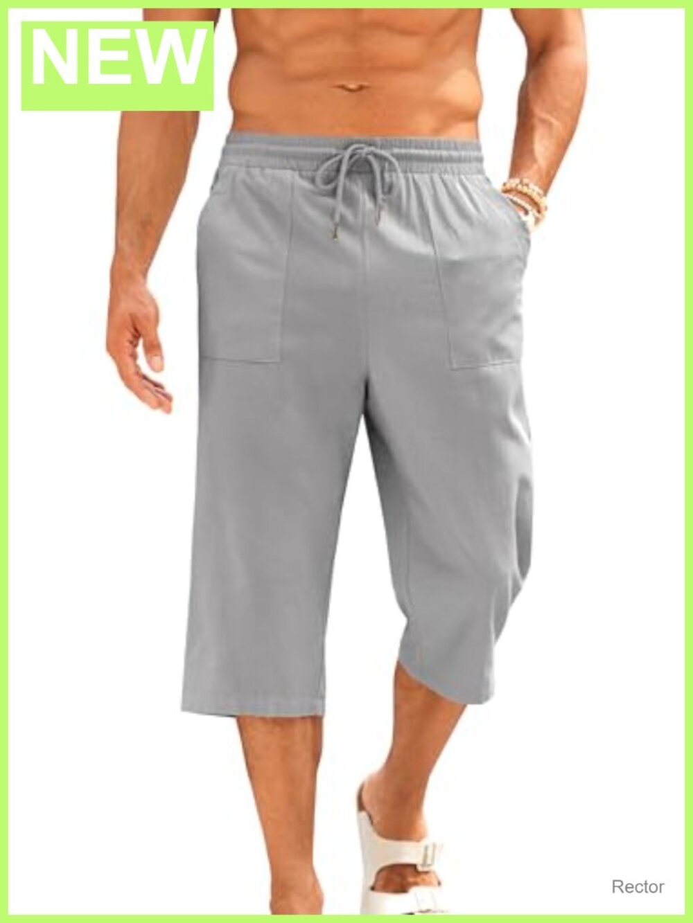 Men's Cotton Linen Yoga Pants Drawstring 3/4 Capri Shorts with Pockets